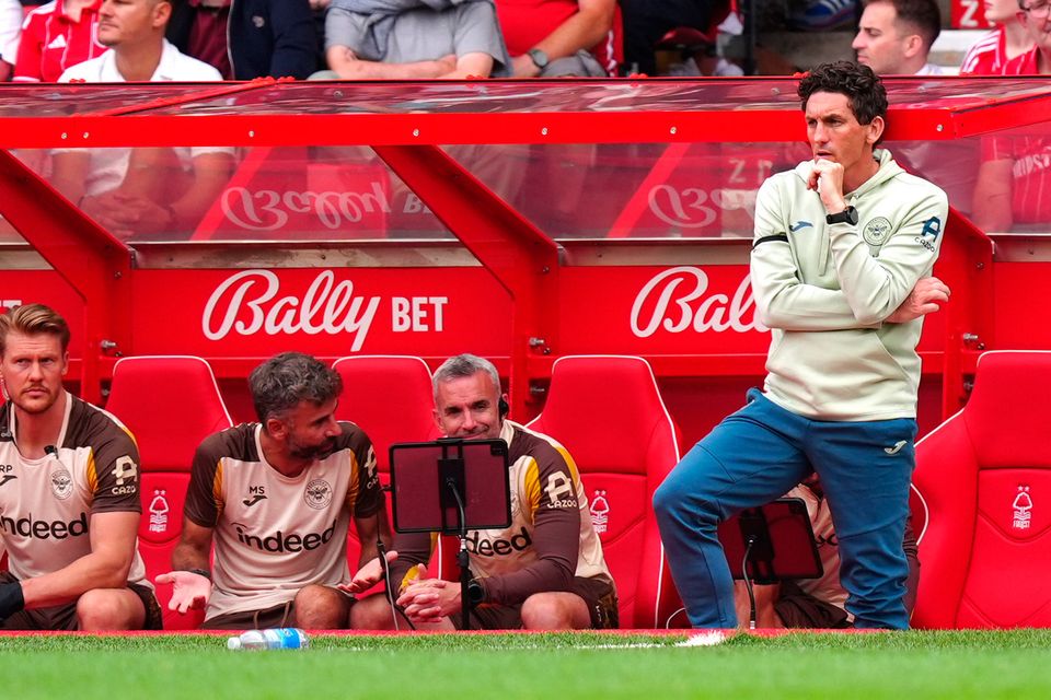 Brentford manager Keith Andrews (right) looks pensive during the Premier League match at City Ground, Nottingham. Photo: PA Wire.